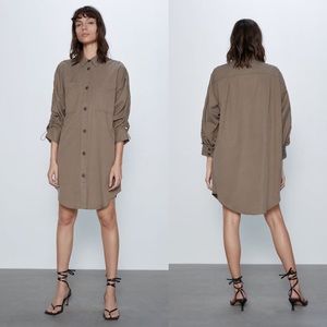 Zara Overshirt With Gathered Sleeves Dress Green